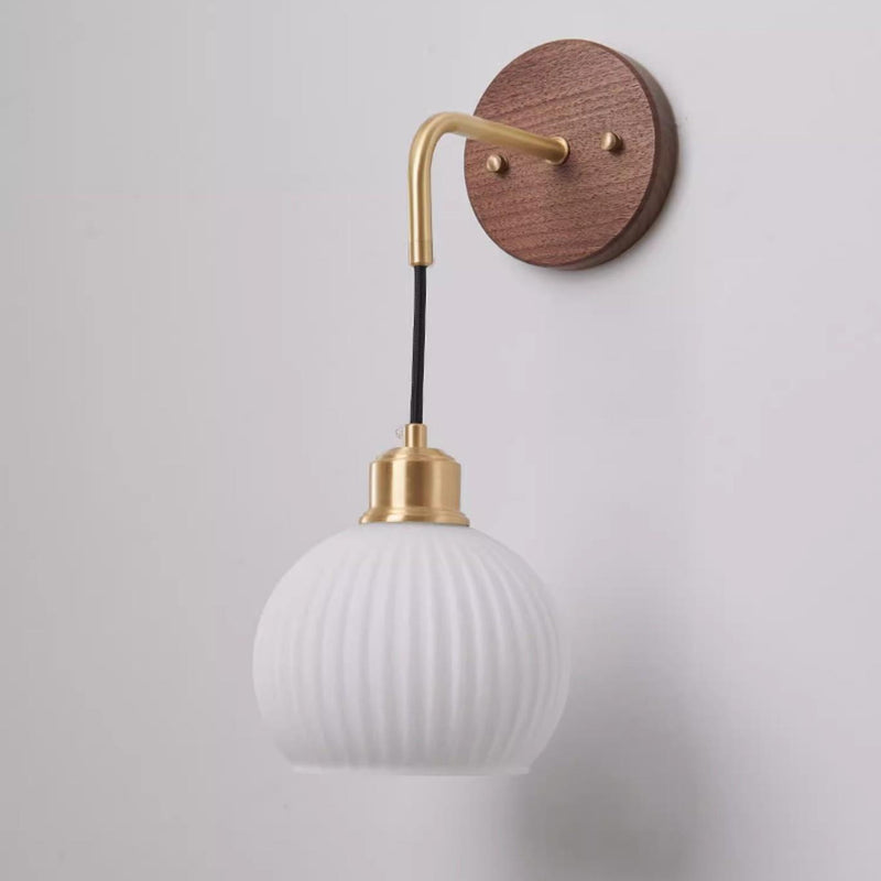 Traditional Chinese Orb Round Glass Shade Solid Wood Iron 1-Light Wall Sconce Lamp For Bedroom