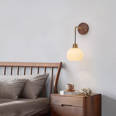 Traditional Chinese Orb Round Glass Shade Solid Wood Iron 1-Light Wall Sconce Lamp For Bedroom