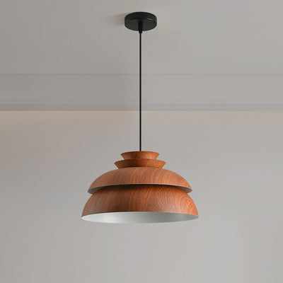 Modern Minimalist Multi-Tier Round Wood Grain Iron Shade 1-Light Pendant Light For Living Room