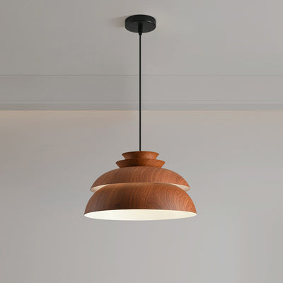 Modern Minimalist Multi-Tier Round Wood Grain Iron Shade 1-Light Pendant Light For Living Room