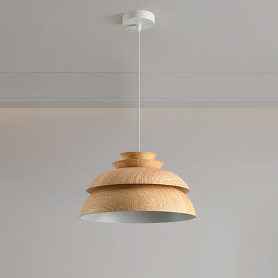 Modern Minimalist Multi-Tier Round Wood Grain Iron Shade 1-Light Pendant Light For Living Room