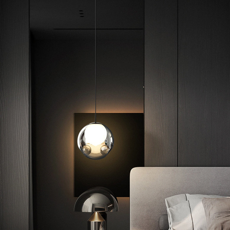 Modern Minimalist Concave Globe Hardware Glass LED Pendant Light For Bedroom