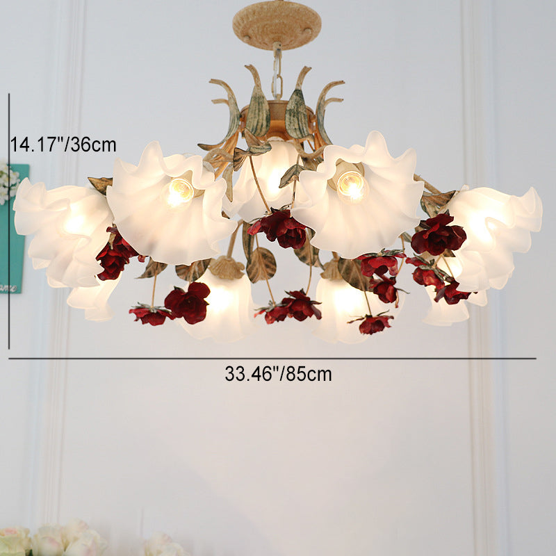 Traditional French Floral Leaf Iron Frame Glass Shade 4/6/9 Light Chandelier For Living Room