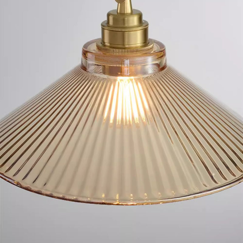 Traditional Rustic Cone Stripe Glass Brass 1-Light Pendant Light For Living Room