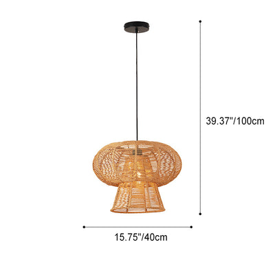 Contemporary Japanese Oval Trapezoidal Rattan 1-Light Pendant Light For Living Room