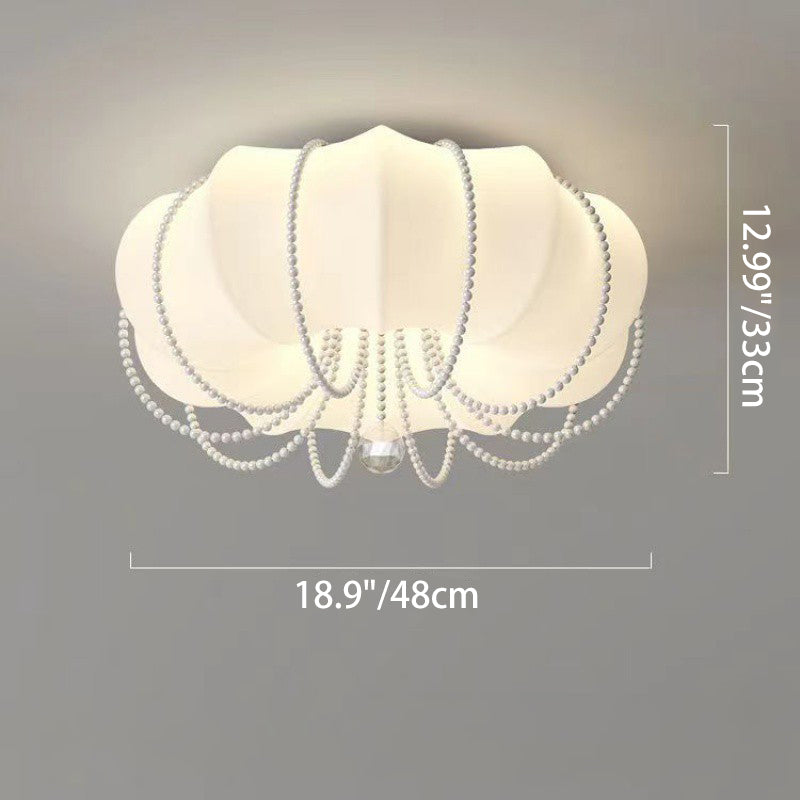 Modern Minimalist Round Cloud Shape Faux Pearl Chain Iron PE Shade LED Flush Mount Ceiling Light For Bedroom