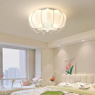 Modern Minimalist Round Cloud Shape Faux Pearl Chain Iron PE Shade LED Flush Mount Ceiling Light For Bedroom