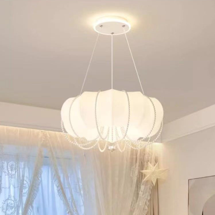 Modern Minimalist Round Cloud Shape Faux Pearl Chain Iron PE Shade LED Pendant Light For Bedroom