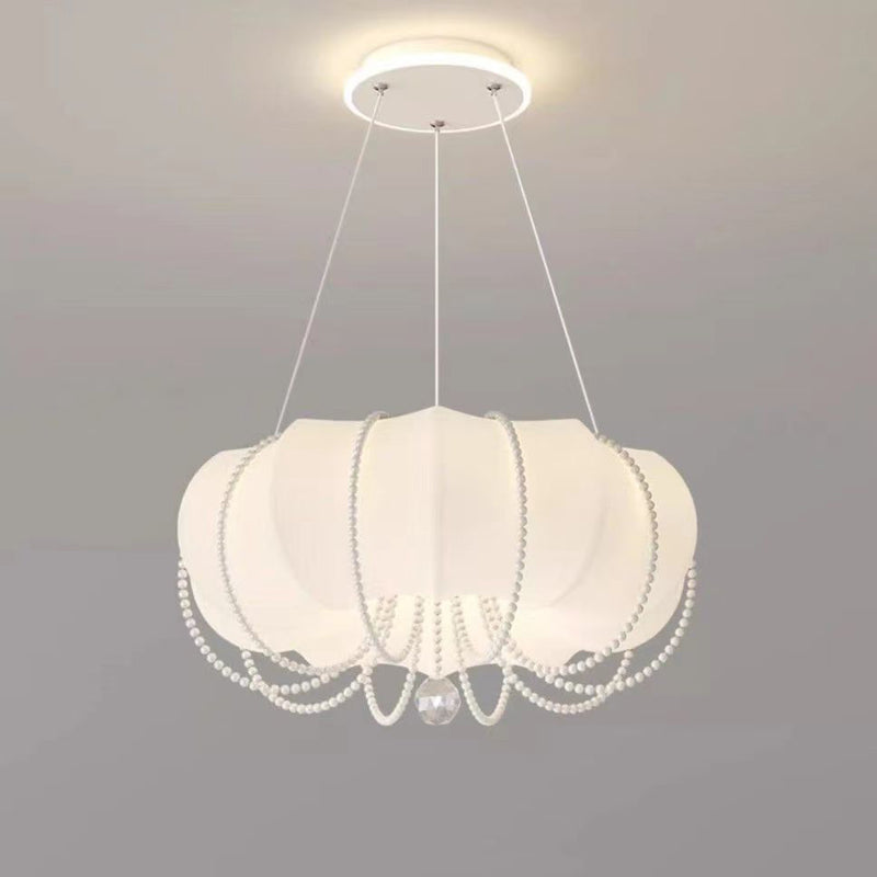 Modern Minimalist Round Cloud Shape Faux Pearl Chain Iron PE Shade LED Pendant Light For Bedroom