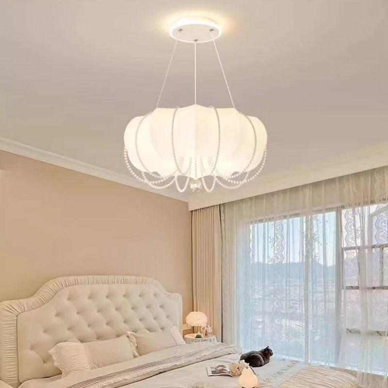 Modern Minimalist Round Cloud Shape Faux Pearl Chain Iron PE Shade LED Pendant Light For Bedroom