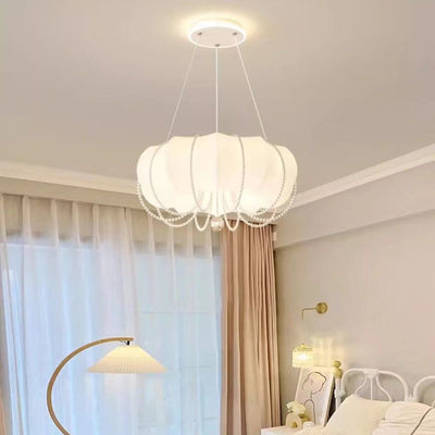 Modern Minimalist Round Cloud Shape Faux Pearl Chain Iron PE Shade LED Pendant Light For Bedroom