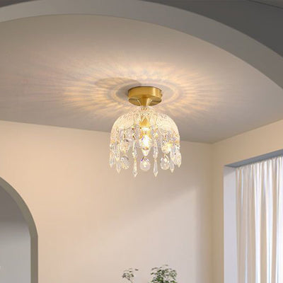 Modern Minimalist Round Teardrop Crystal Iron Frame Glass Shade 1-Light Semi-Flush Mount Ceiling Light For Living Room