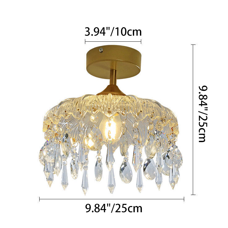 Modern Minimalist Round Teardrop Crystal Iron Frame Glass Shade 1-Light Semi-Flush Mount Ceiling Light For Living Room