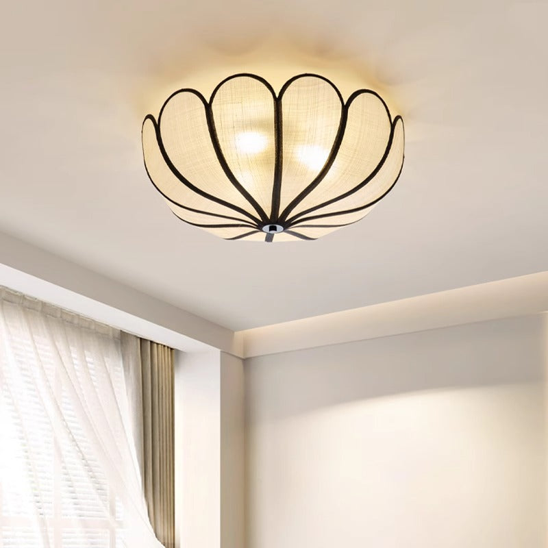 Modern Minimalist Round Petal Plant Fiber 3-Light Flush Mount Ceiling Light For Living Room