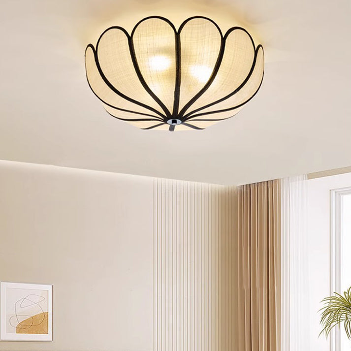 Modern Minimalist Round Petal Plant Fiber 3-Light Flush Mount Ceiling Light For Living Room