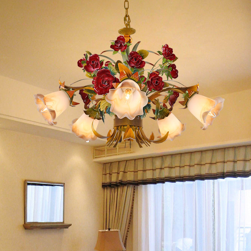 Traditional French Branch Simulation Flower Bouquet Rose Iron Frame Glass Shade 3/5/8 Light Chandelier For Living Room