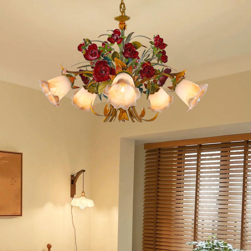 Traditional French Branch Simulation Flower Bouquet Rose Iron Frame Glass Shade 3/5/8 Light Chandelier For Living Room