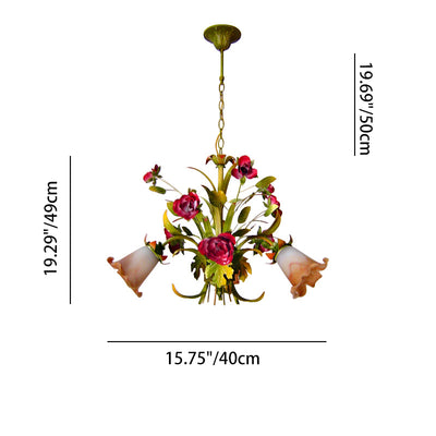 Traditional French Branch Simulation Flower Bouquet Rose Iron Frame Glass Shade 3/5/8 Light Chandelier For Living Room