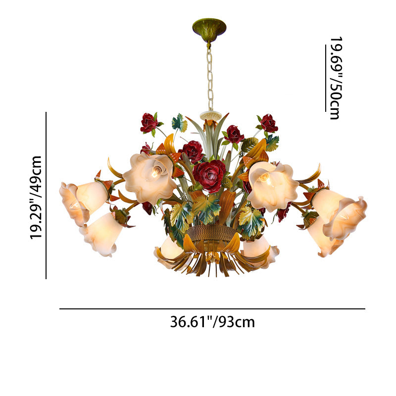 Traditional French Branch Simulation Flower Bouquet Rose Iron Frame Glass Shade 3/5/8 Light Chandelier For Living Room