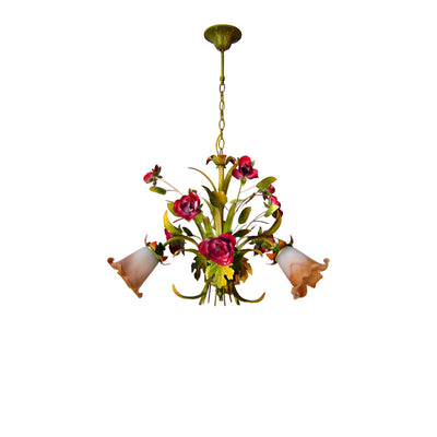 Traditional French Branch Simulation Flower Bouquet Rose Iron Frame Glass Shade 3/5/8 Light Chandelier For Living Room