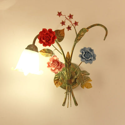 Traditional Rustic Faux Flower Iron Frame Glass Shade 1/2 Light Wall Sconce Lamp For Bedroom