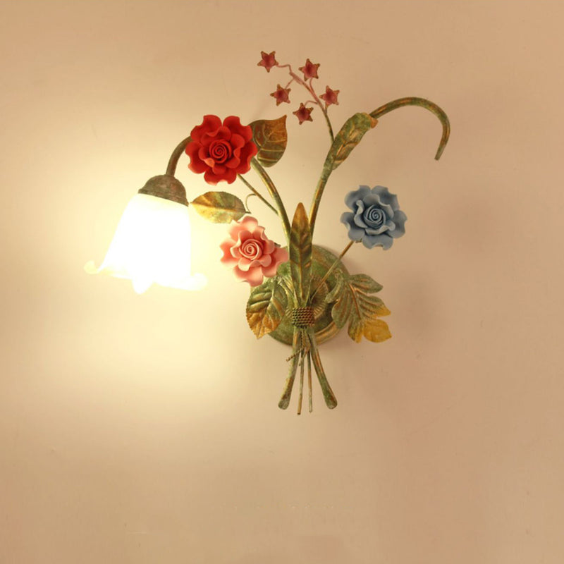 Traditional Rustic Faux Flower Iron Frame Glass Shade 1/2 Light Wall Sconce Lamp For Bedroom