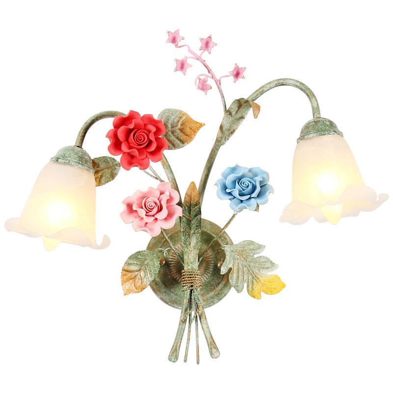 Traditional Rustic Faux Flower Iron Frame Glass Shade 1/2 Light Wall Sconce Lamp For Bedroom