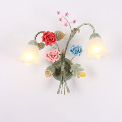 Traditional Rustic Faux Flower Iron Frame Glass Shade 1/2 Light Wall Sconce Lamp For Bedroom