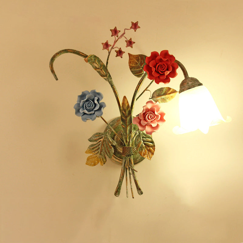 Traditional Rustic Faux Flower Iron Frame Glass Shade 1/2 Light Wall Sconce Lamp For Bedroom