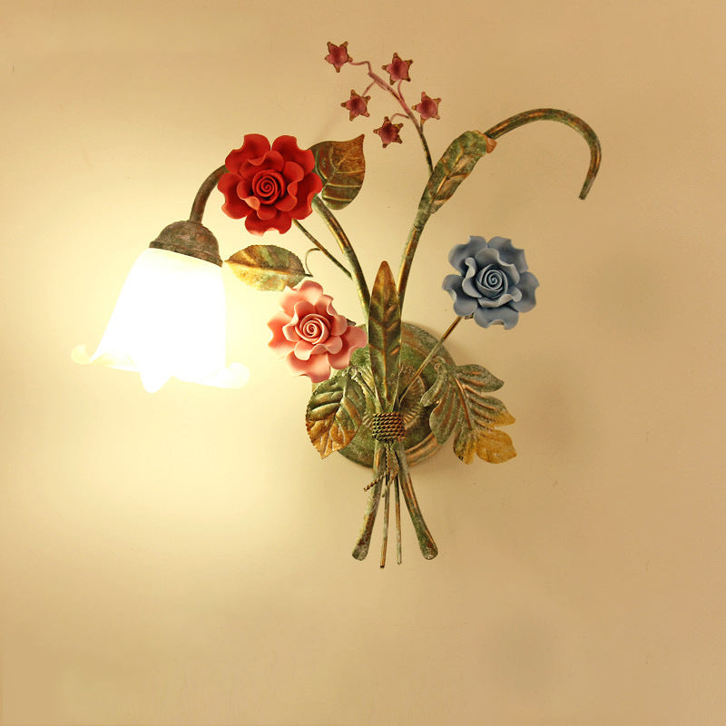 Traditional Rustic Faux Flower Iron Frame Glass Shade 1/2 Light Wall Sconce Lamp For Bedroom