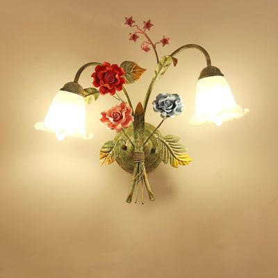 Traditional Rustic Faux Flower Iron Frame Glass Shade 1/2 Light Wall Sconce Lamp For Bedroom