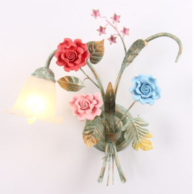 Traditional Rustic Faux Flower Iron Frame Glass Shade 1/2 Light Wall Sconce Lamp For Bedroom