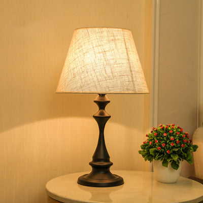 Modern Minimalist Round Cone Iron Base Fabric Shade 1-Light Table Lamp For Bedroom