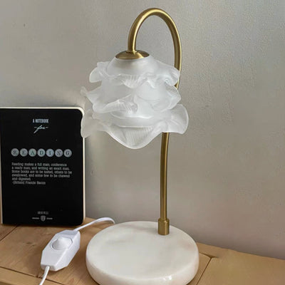 Modern Minimalist Curved Pole Flower Marble Base Iron Frame Glass Shade 1-Light Aroma Melting Wax Table Lamp For Bedroom