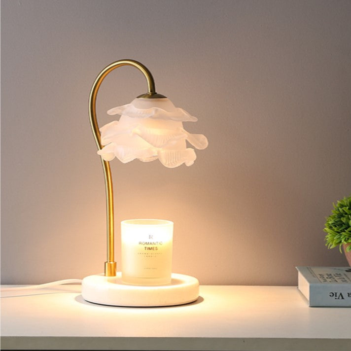 Modern Minimalist Curved Pole Flower Marble Base Iron Frame Glass Shade 1-Light Aroma Melting Wax Table Lamp For Bedroom