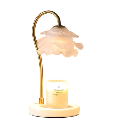 Modern Minimalist Curved Pole Flower Marble Base Iron Frame Glass Shade 1-Light Aroma Melting Wax Table Lamp For Bedroom