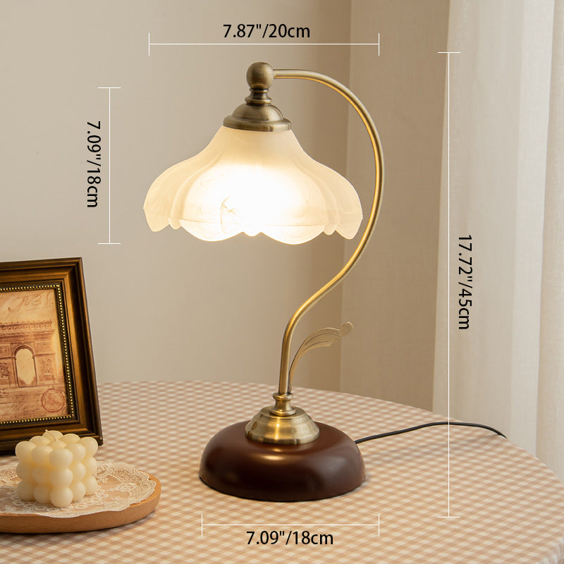 Traditional European Curved Pole Flower Hardware Base Glass Shade 1-Light Table Lamp For Living Room