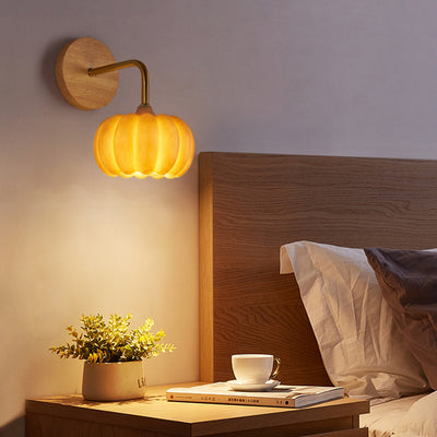 Contemporary Creative Pumpkin Solid Wood Resin 1-Light Wall Sconce Lamp For Living Room