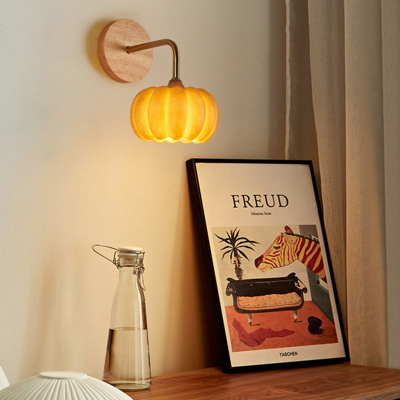 Contemporary Creative Pumpkin Solid Wood Resin 1-Light Wall Sconce Lamp For Living Room