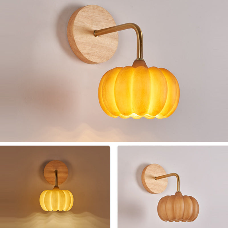 Contemporary Creative Pumpkin Solid Wood Resin 1-Light Wall Sconce Lamp For Living Room