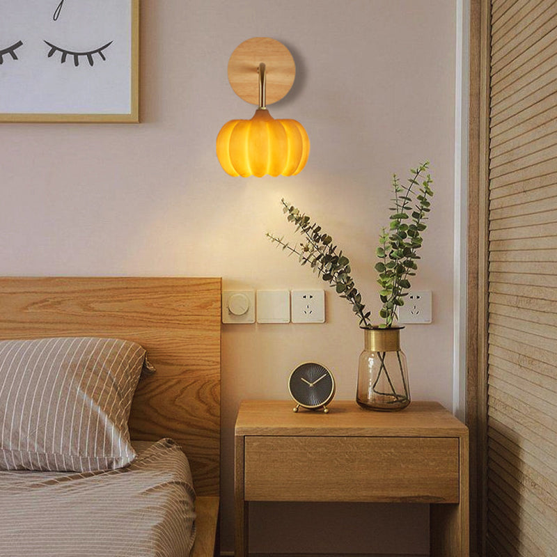 Contemporary Creative Pumpkin Solid Wood Resin 1-Light Wall Sconce Lamp For Living Room