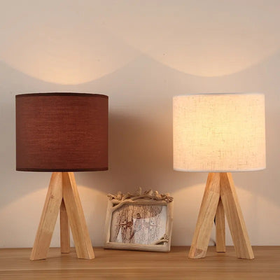 Modern Minimalist Round Tripod Wooden Base Fabric Shade 1-Light Table Lamp For Living Room