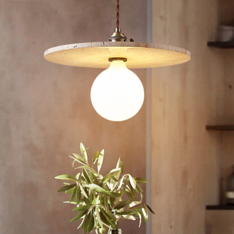 Modern Minimalist Round Disc Yellow Travertine 1-Light Pendant Light For Bedroom