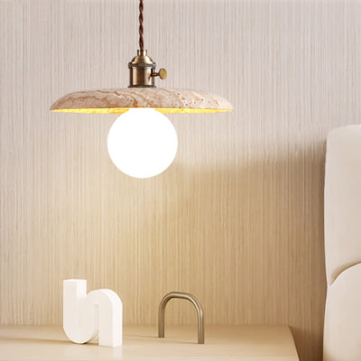 Modern Minimalist Round Disc Yellow Travertine 1-Light Pendant Light For Bedroom