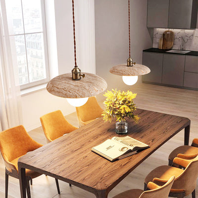 Modern Minimalist Round Disc Yellow Travertine 1-Light Pendant Light For Bedroom