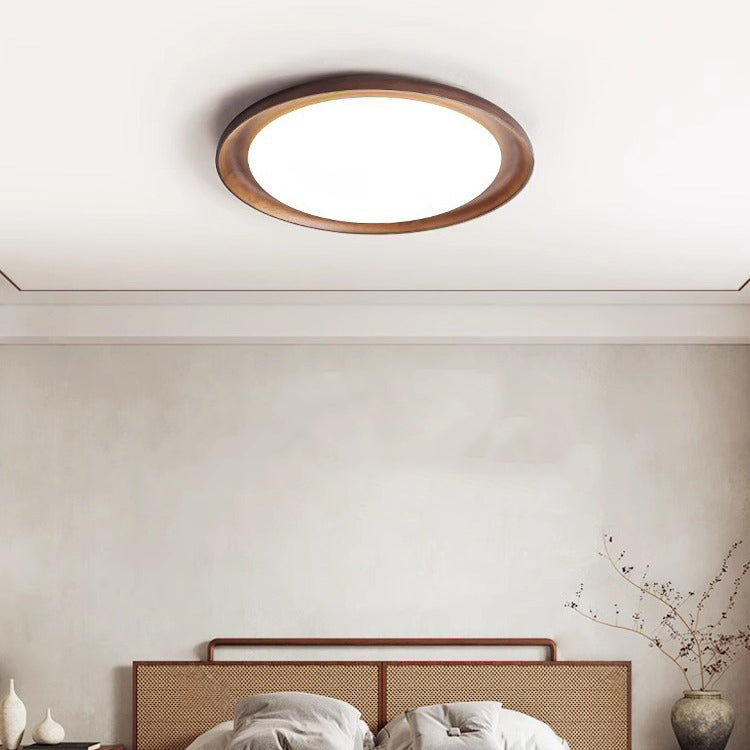 Modern Minimalist Round Walnut Wood Acrylic LED Flush Mount Ceiling Light For Living Room