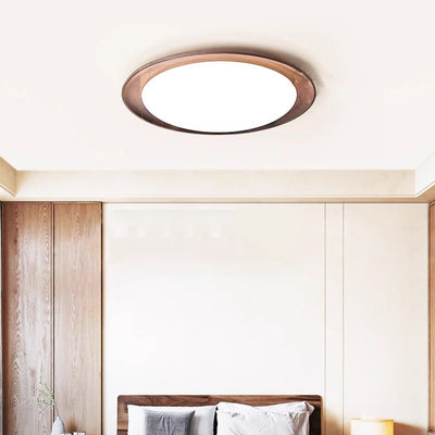 Modern Minimalist Round Walnut Wood Acrylic LED Flush Mount Ceiling Light For Living Room