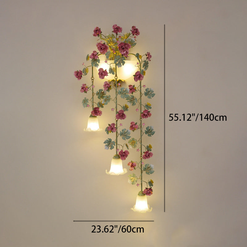 Traditional Rustic Floral Leaf Iron Glass 5-Light Wall Sconce Lamp For Living Room