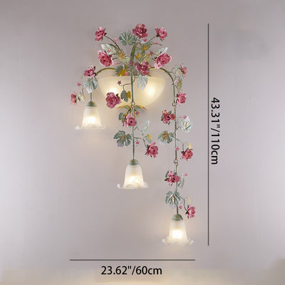 Traditional Rustic Floral Leaf Iron Glass 5-Light Wall Sconce Lamp For Living Room