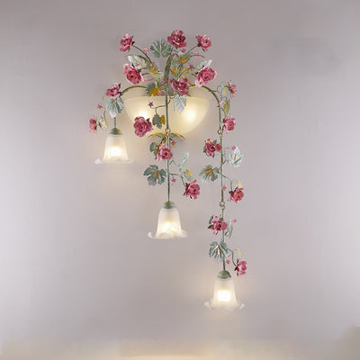 Traditional Rustic Floral Leaf Iron Glass 5-Light Wall Sconce Lamp For Living Room